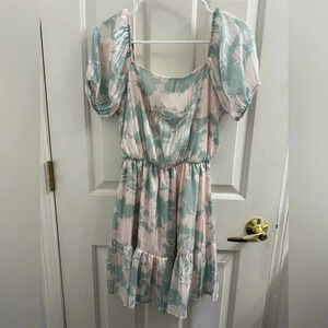 Everly Women’s mini pink & blue floral dress with ruffle bottom & silver shine